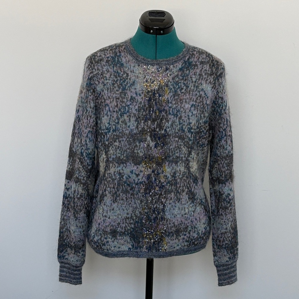 CHANEL Gray and Blue Mohair Crew Neck Sweater - Fall 2014 Collection